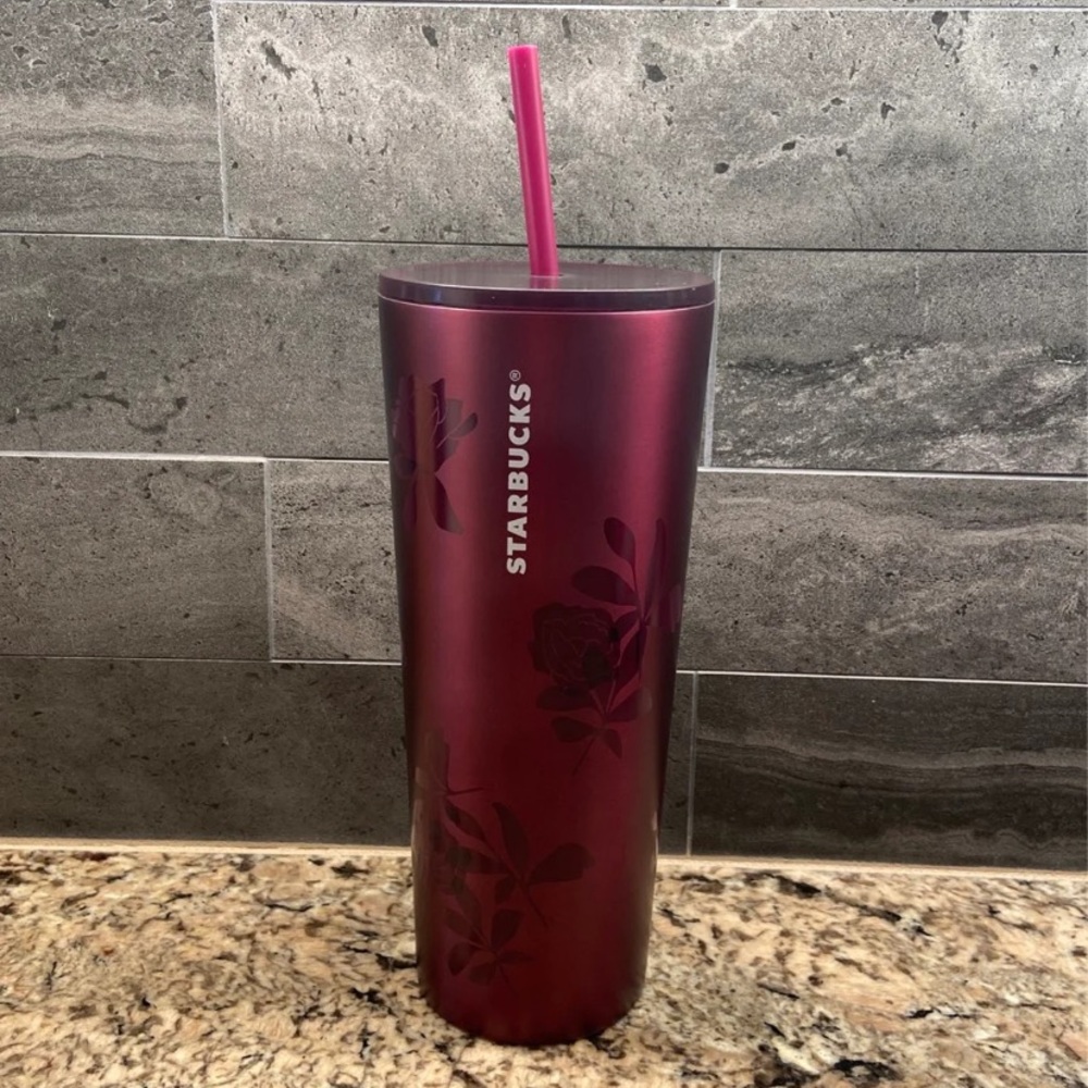 NWT Starbucks Plum Burgundy Rose Metal Tumbler